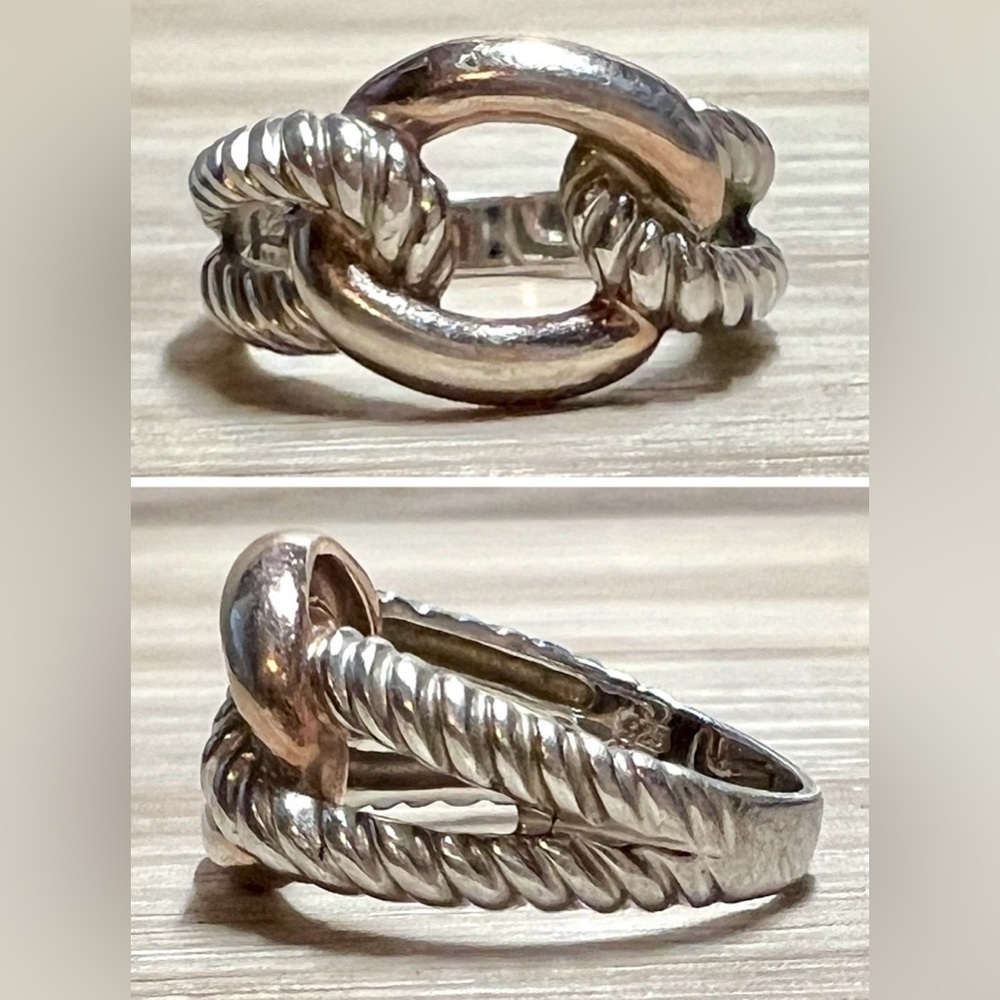 Designer Signed (B) Sterling Silver & Gold Wash Two Tone Twisted Cable Link Ring